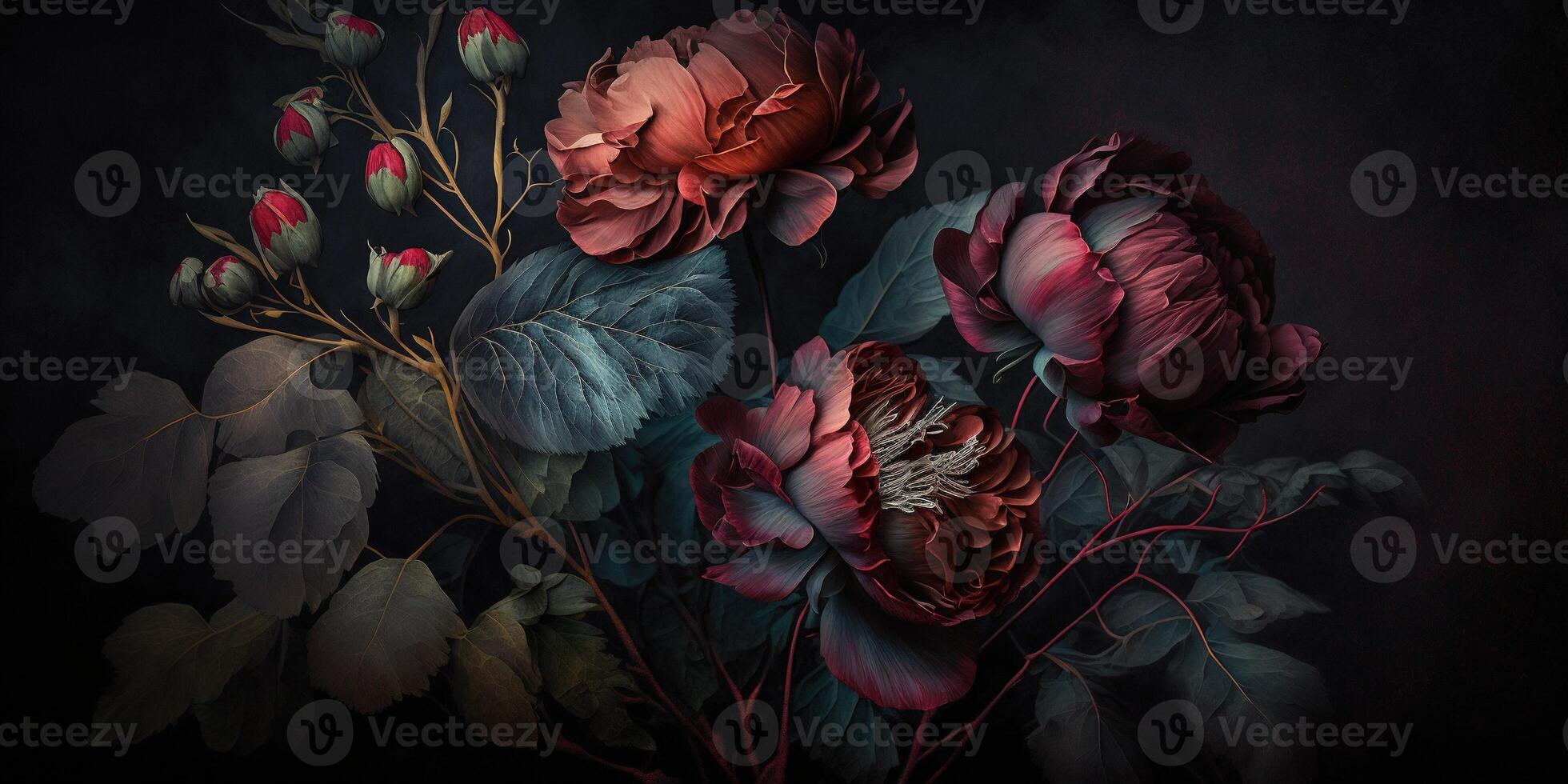 , Close up of blooming flowerbeds of amazing red color flowers on dark moody floral textured background. Photorealistic effect.. photo