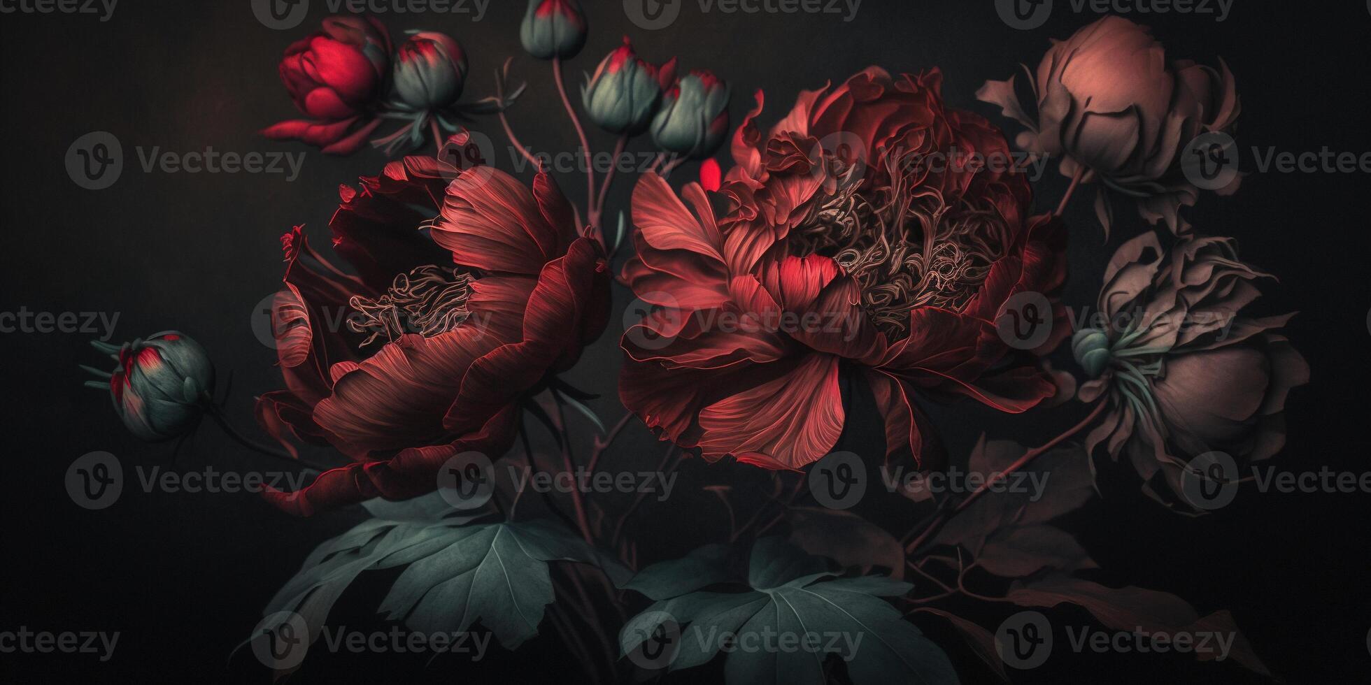 , Close up of blooming flowerbeds of amazing red color flowers on dark moody floral textured background. Photorealistic effect.. photo