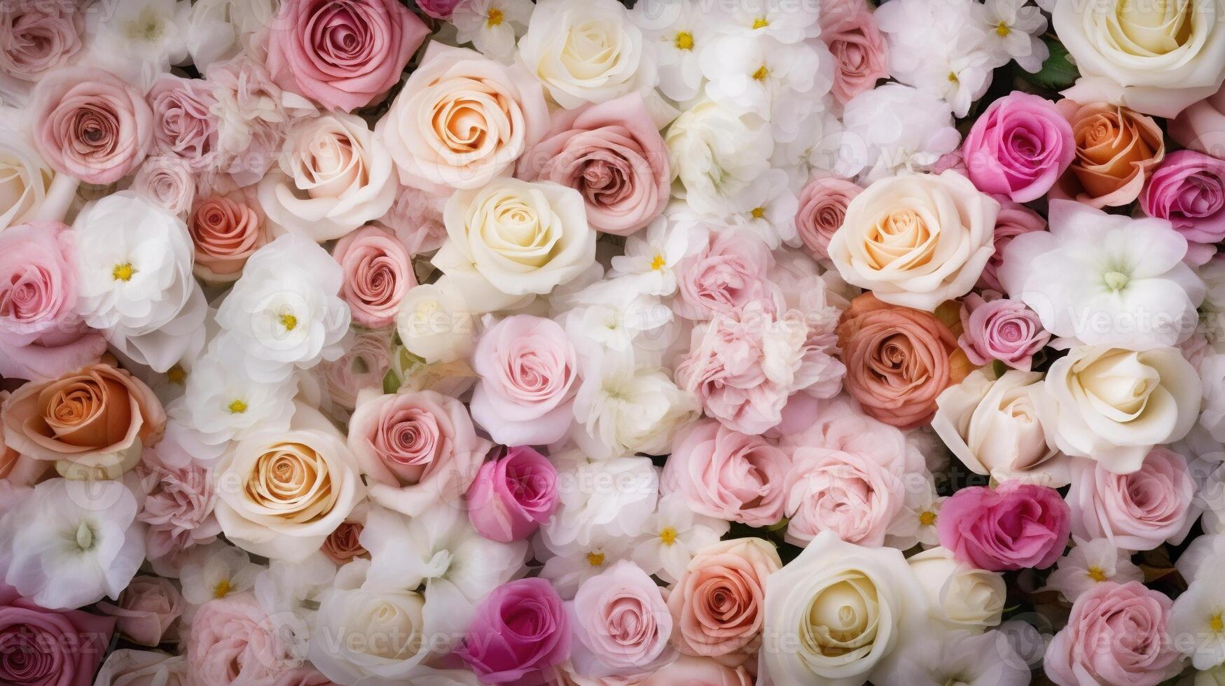 , flowers wall background with white and light pink fresh roses, pastel and soft bouquet floral card photo