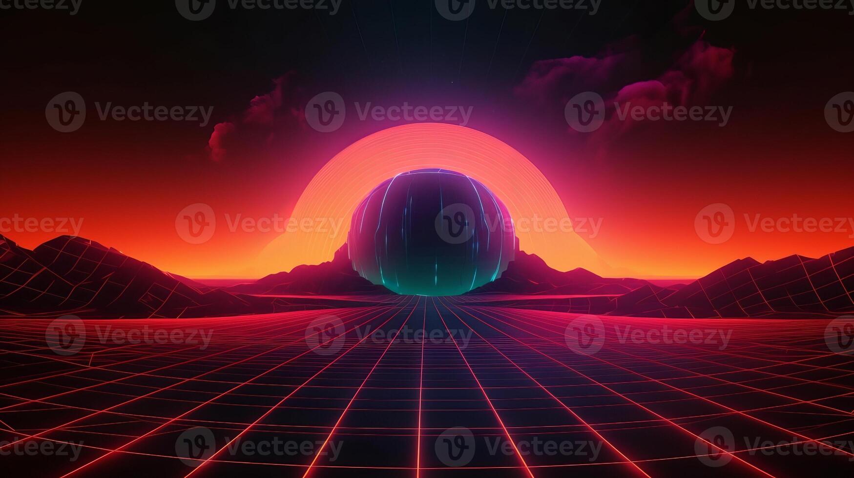 Hypothetical establishment with neon circle inside the center with sunrisesunset sun. photo