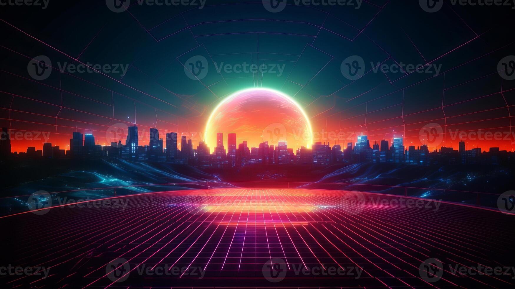 Theoretical foundation with neon circle within the center with sunrisesunset sun. photo