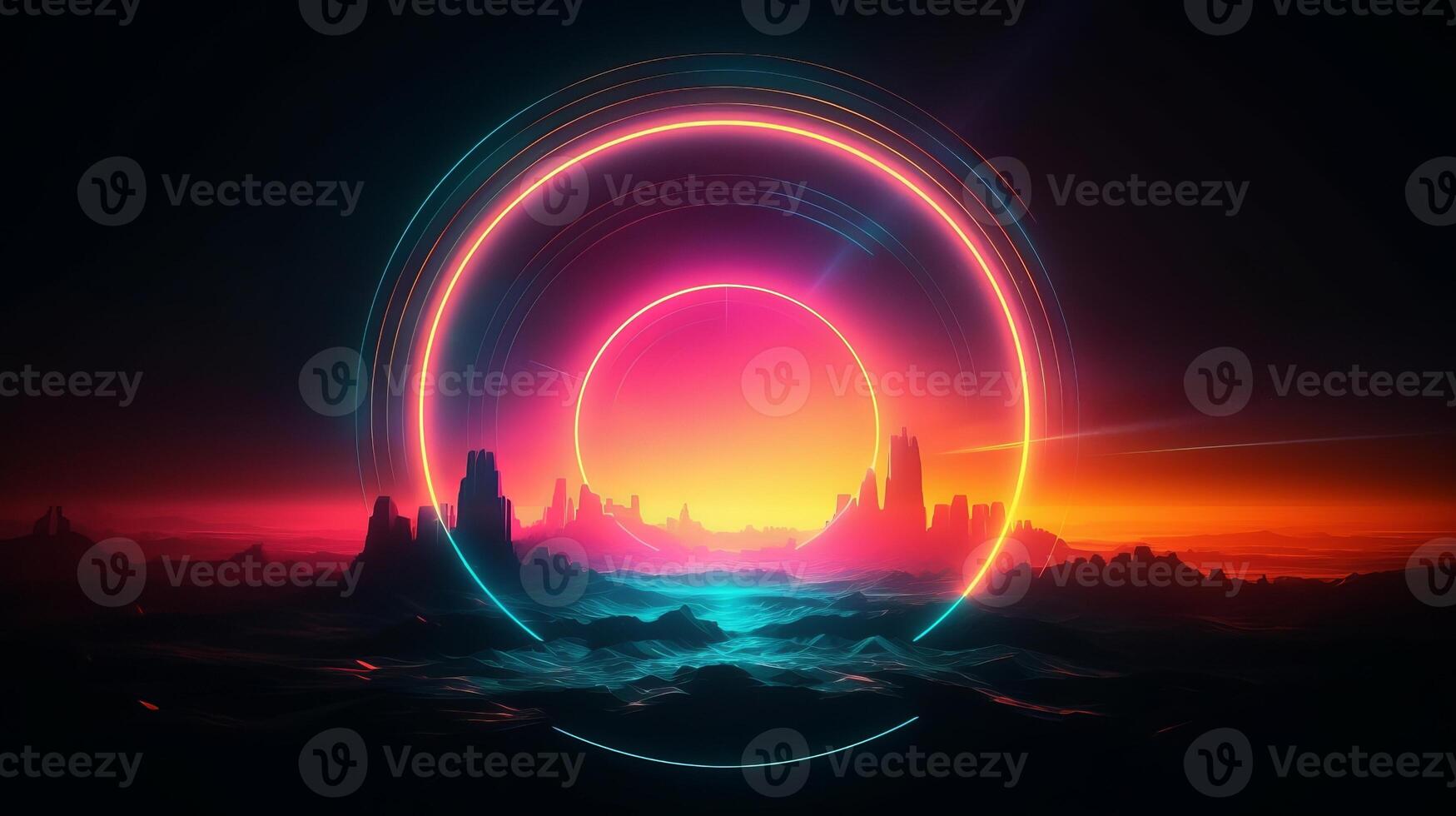 Theoretical establishment with neon circle insides the center with sunrisesunset sun. photo