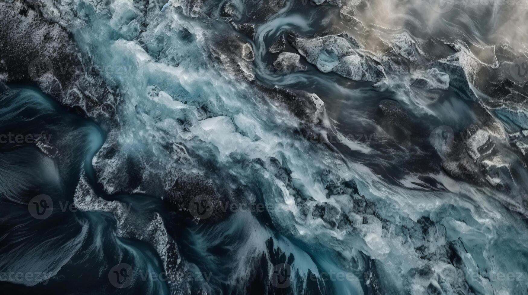 A frosty waterway from over. Ethereal photo of the stream streams from Icelandic icy masses.