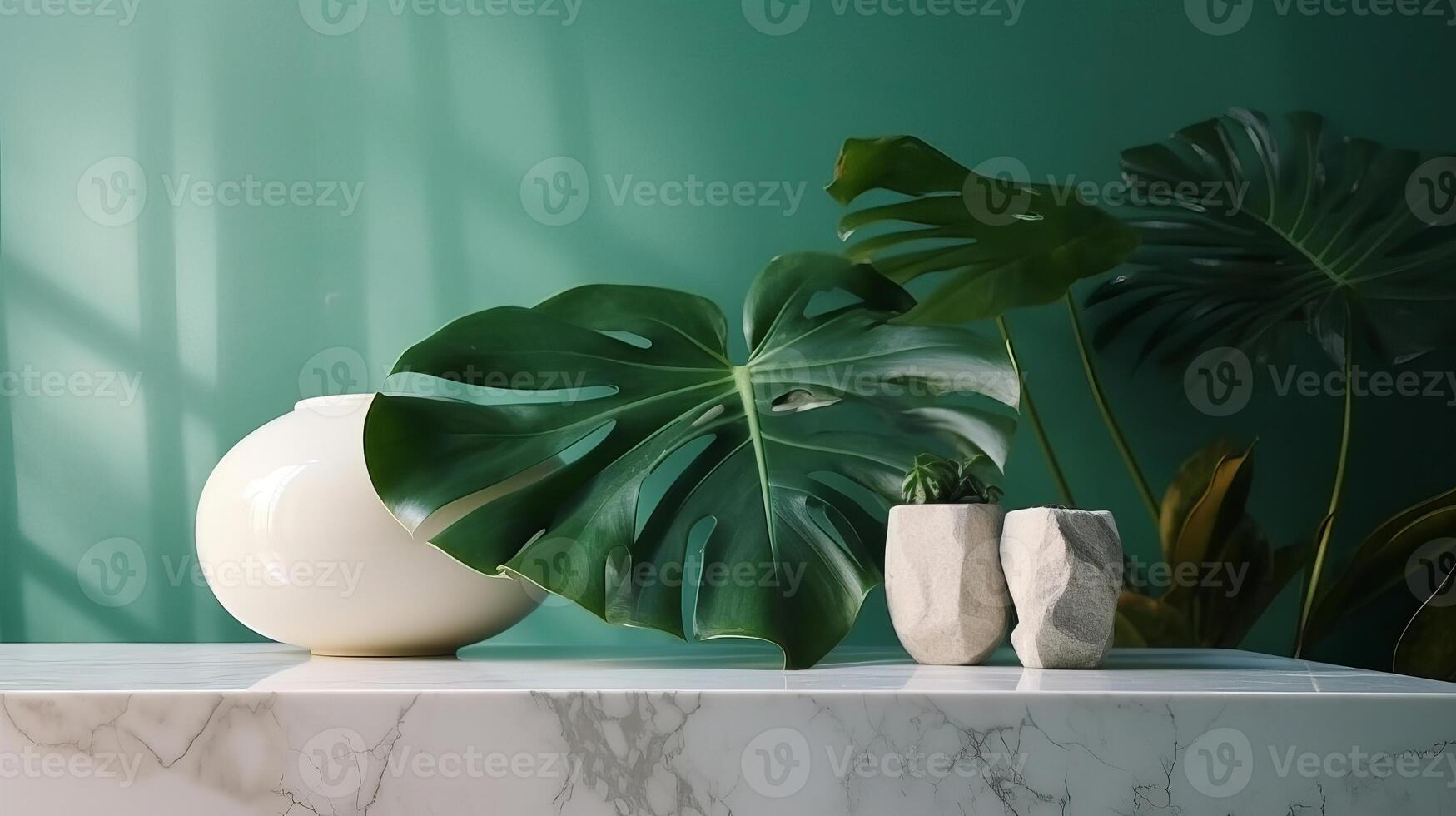 Unessential, progressed white marble stone counter table, tropical monstera plant tree in sunshine on green divider establishment for luxury progressed characteristic therapeutic. photo