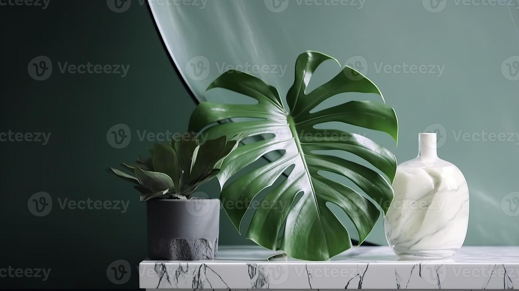 Unessential, progressed white marble stone counter table, tropical monstera plant tree in sunshine on green divider establishment for luxury progressed characteristic obliging. photo