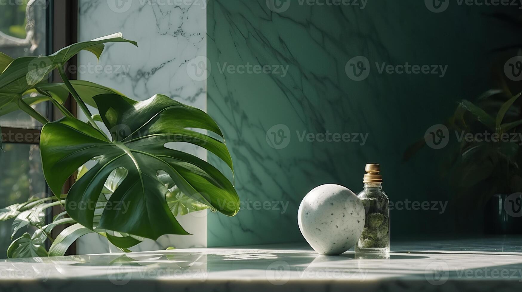 Insignificant, progressed white marble stone counter table, tropical monstera plant tree in sunshine on green divider establishment for luxury progressed characteristic restorative. photo