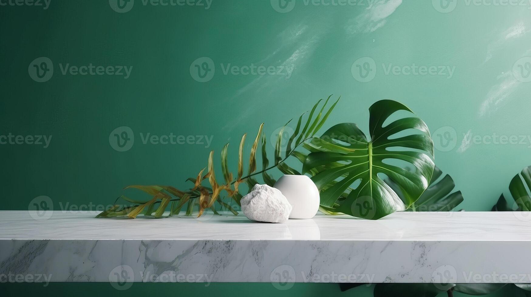 Unessential, progressed white marble stone counter table, tropical monstera plant tree in sunshine on green divider establishment for luxury progressed characteristic obliging. photo