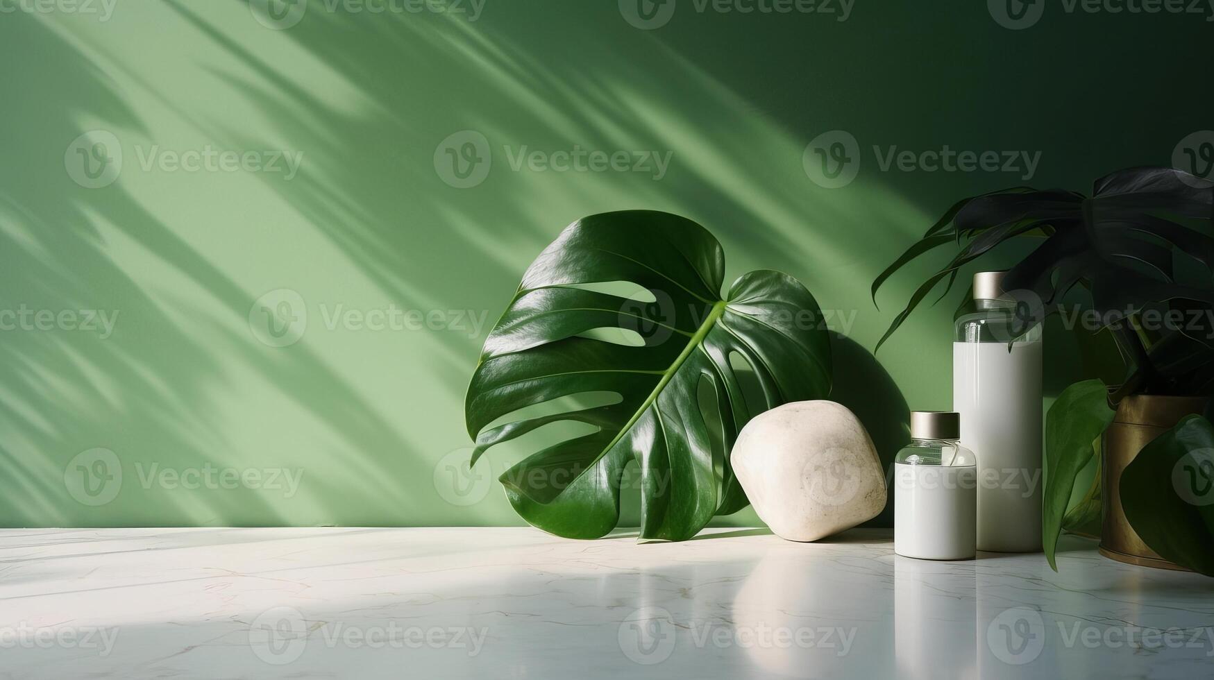 Immaterial, progressed white marble stone counter table, tropical monstera plant tree in sunshine on green divider establishment for luxury progressed characteristic therapeutic. photo