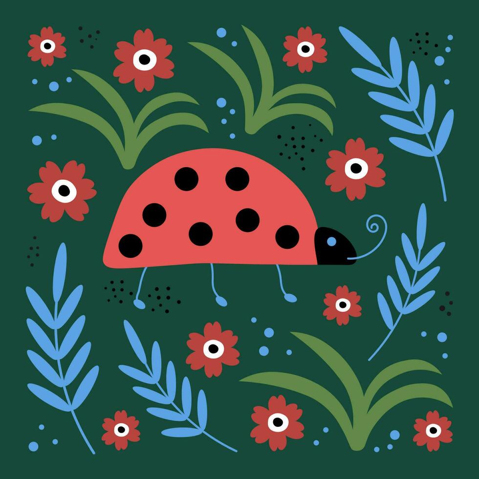Ladybug. Flat cartoon illustration ladybug in flowers, forest motif. Hand drawn ornament. Happy birthday, holiday. For postcards, print on  t-shirt, poster, template, polygraph, design element. Vector