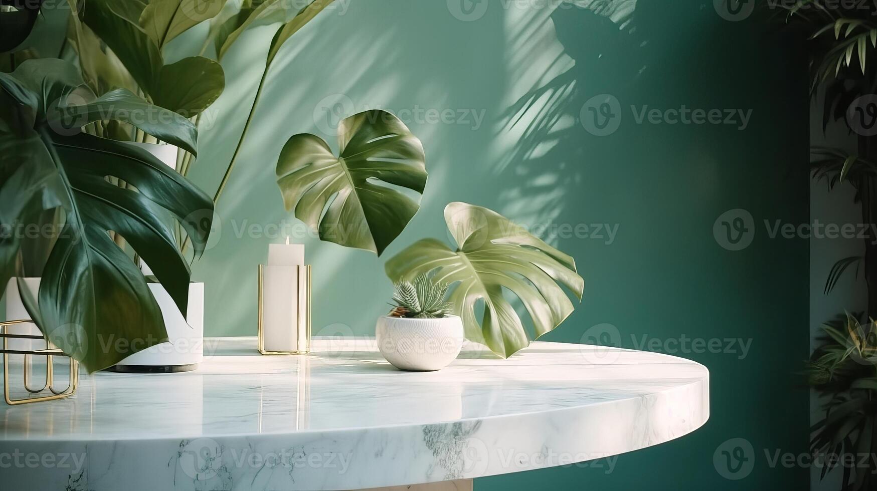 Unessential, progressed white marble stone counter table, tropical monstera plant tree in sunshine on green divider establishment for luxury progressed characteristic helpful. photo