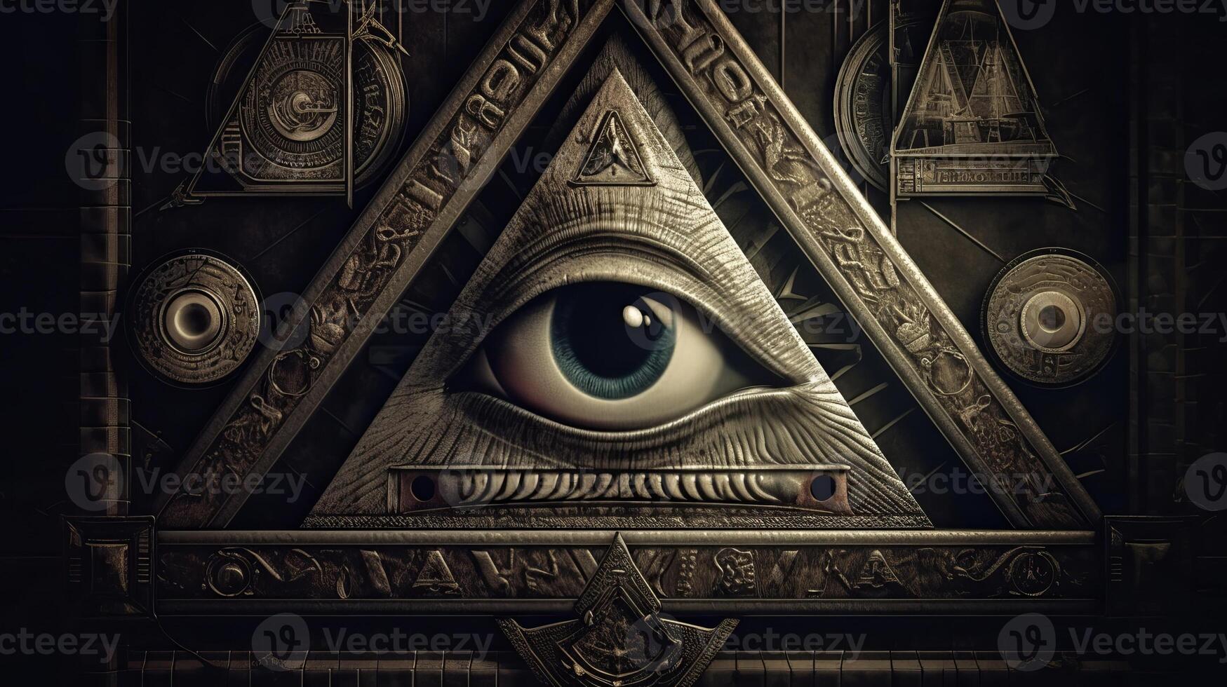 photo Sign Illuminati. freemasonry. The masonic square. All seeing eye in favored geometry triangle.
