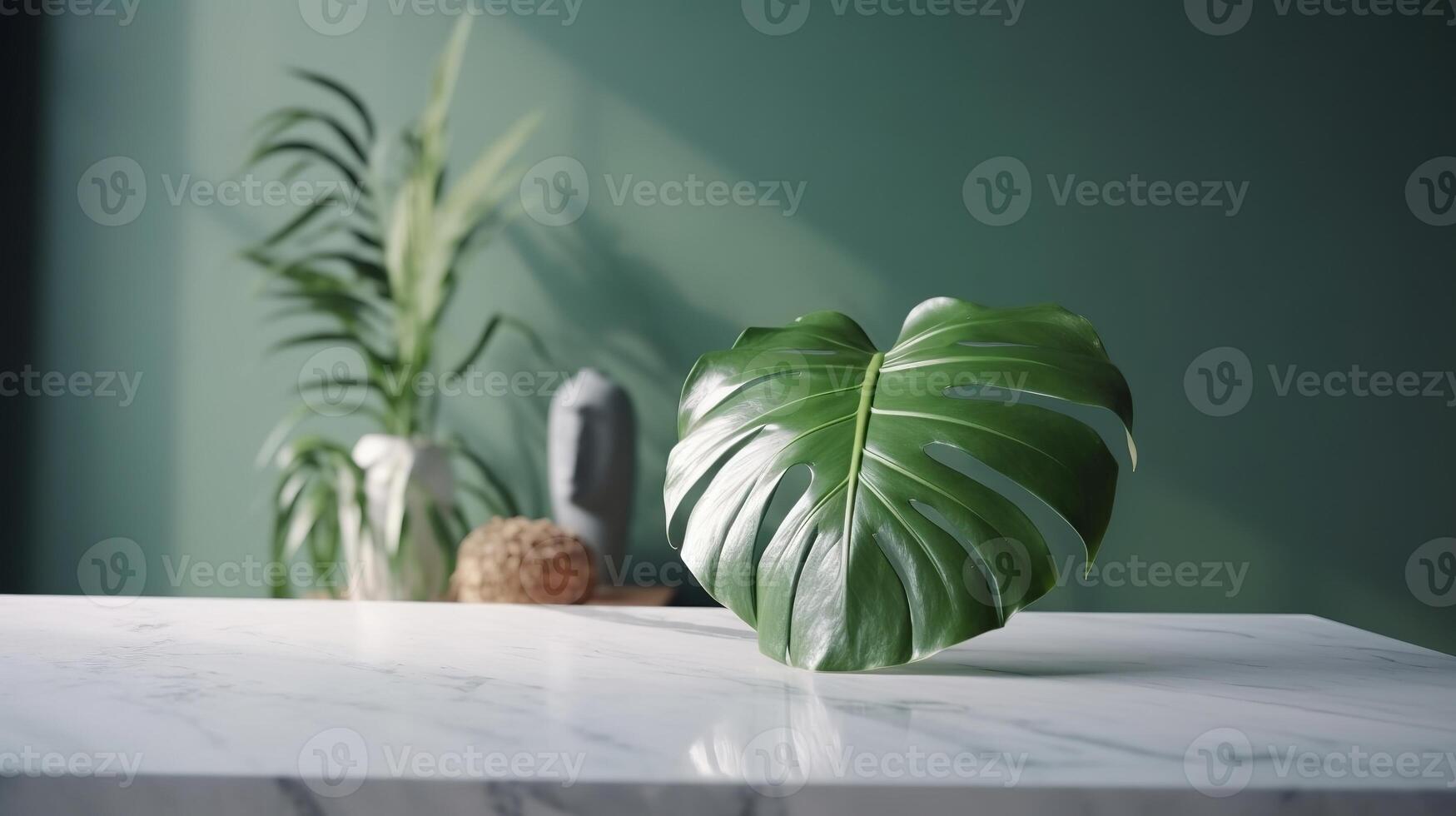 Unessential, progressed white marble stone counter table, tropical monstera plant tree in sunshine on green divider establishment for luxury progressed characteristic obliging. photo