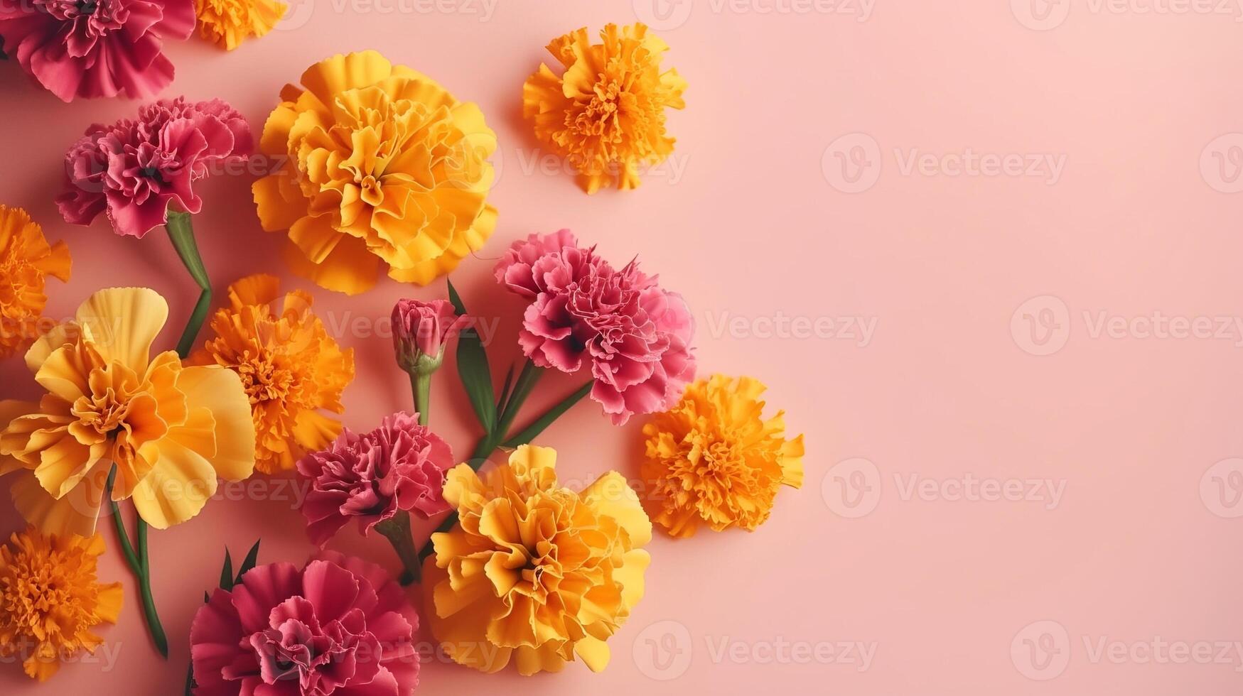 Spring marigold makes on pink pastel foundation beat see in level lay organize. photo
