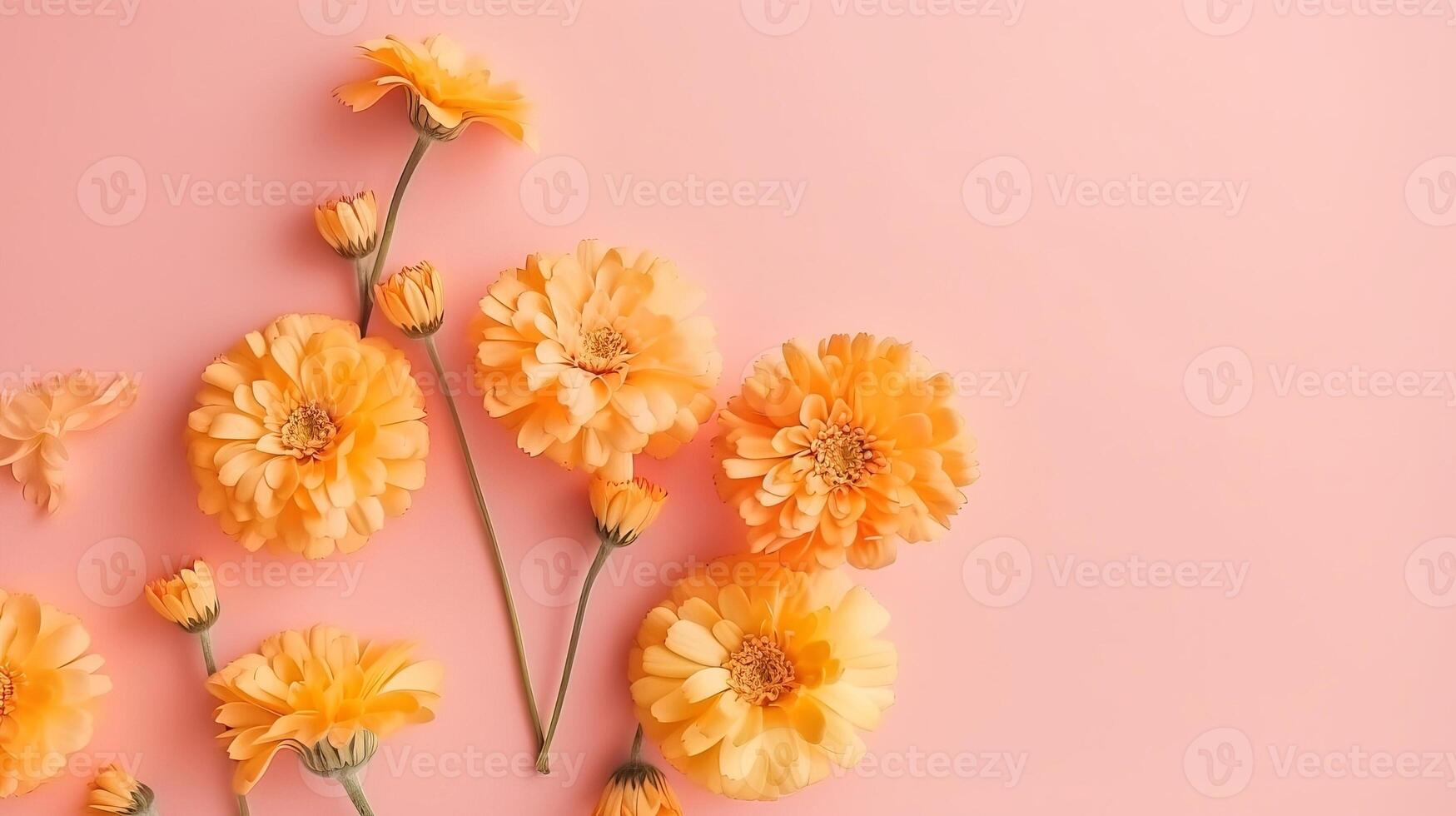 Spring marigold makes on pink pastel establishment beat see in level lay organize. photo