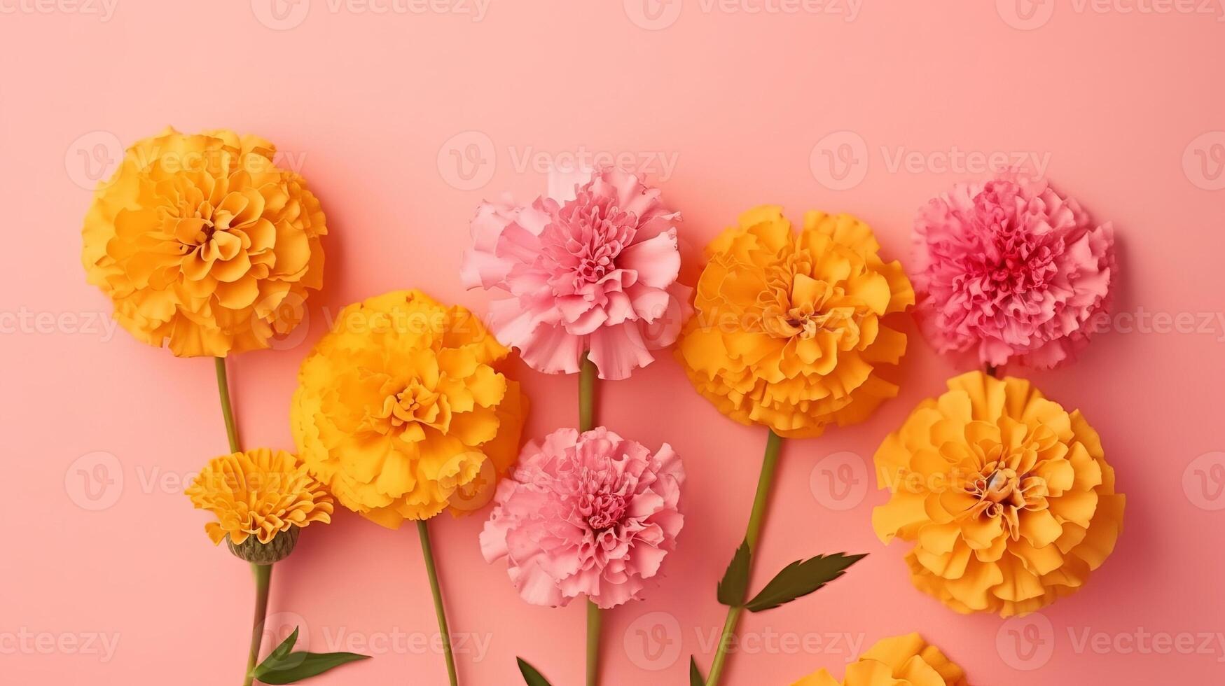 Spring marigold makes on pink pastel establishment beat see in level lay organize. photo