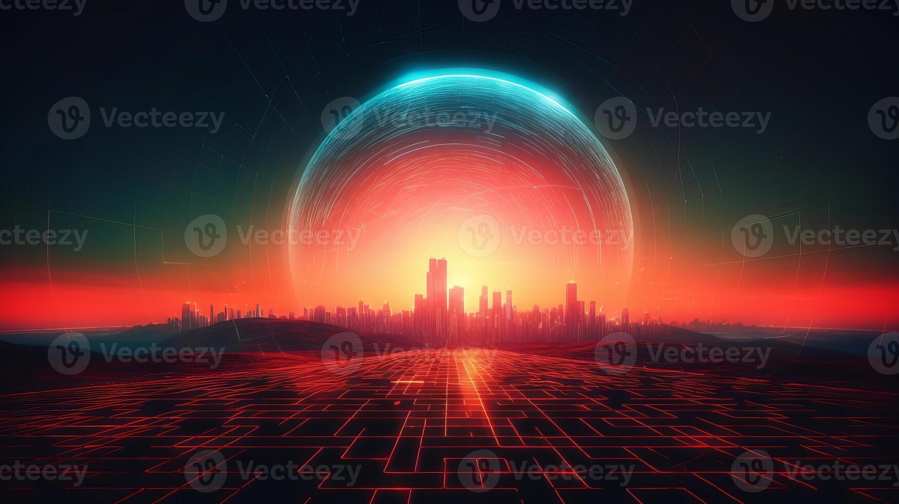 Theoretical foundation with neon circle internal parts the center with sunrisesunset sun. photo
