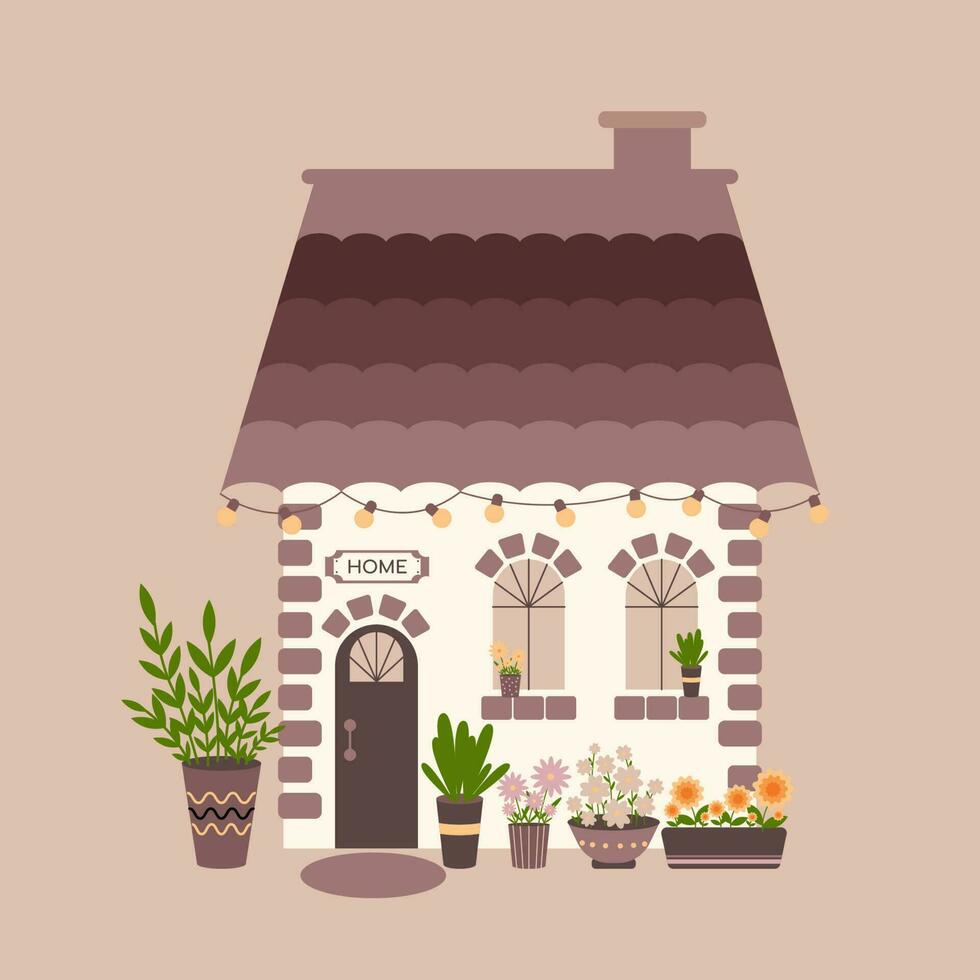 Cute house with lights and flowers in pots. Sweet home or welcome home concept. Vector flat illustration.