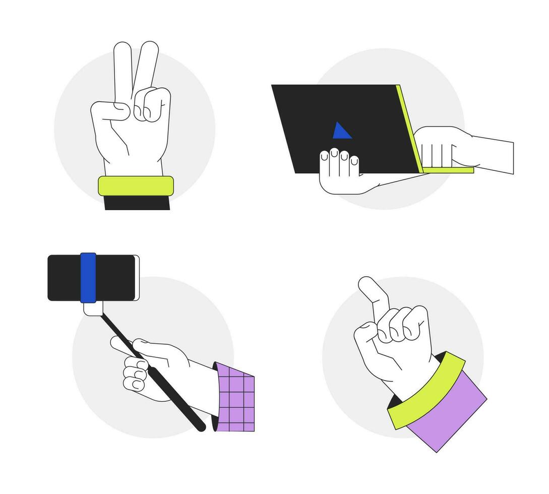 Millennials, gen z hands flat line vector spot illustration set. Holding selfie stick, laptop 2D cartoon outline first view hands on white for web UI design. Editable isolated colorful hero image pack