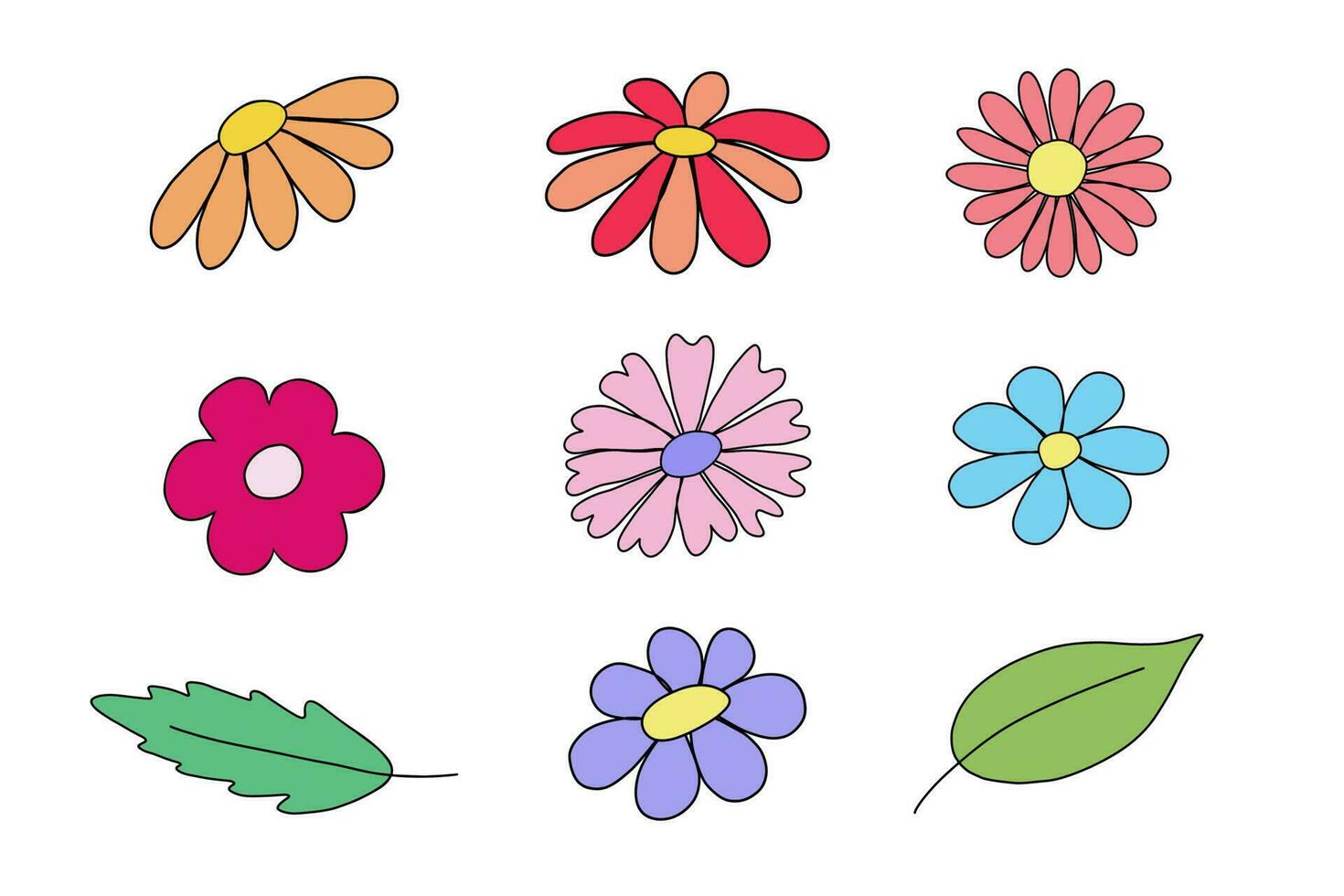 Retro daisies, set of retro flowers, drawn separately. For postcards, prints, sublimations, prints, and stickers pack. hand-drawn, vector. vector