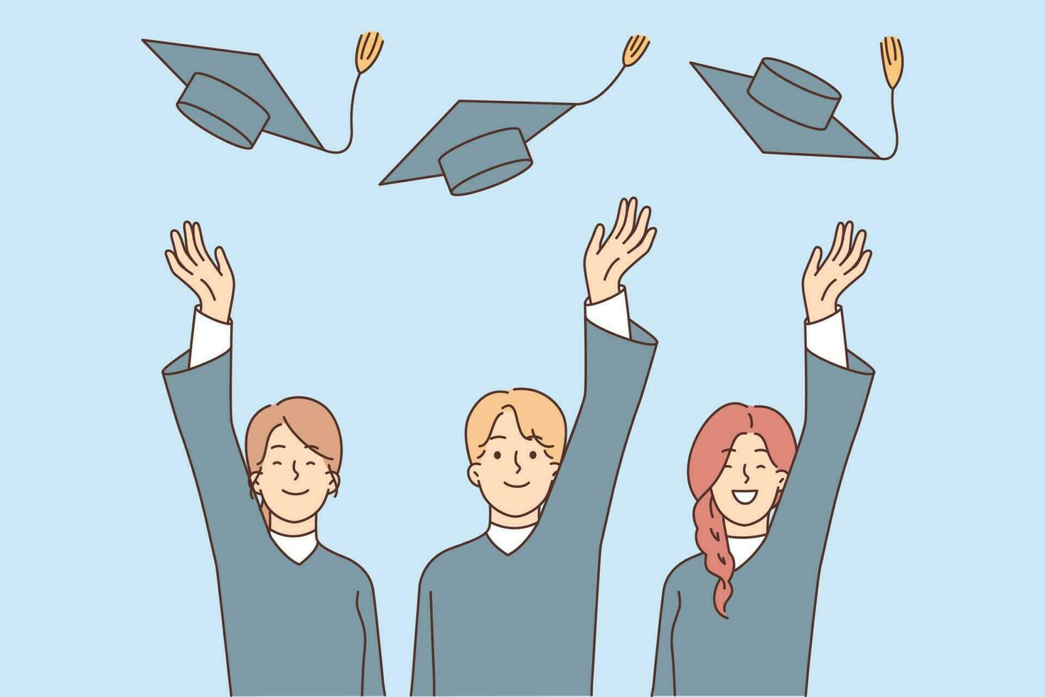 Graduates toss hats after graduation from university or college and celebrate receiving in-demand profession. Happy graduates students wearing academic gown rejoicing at elite education vector