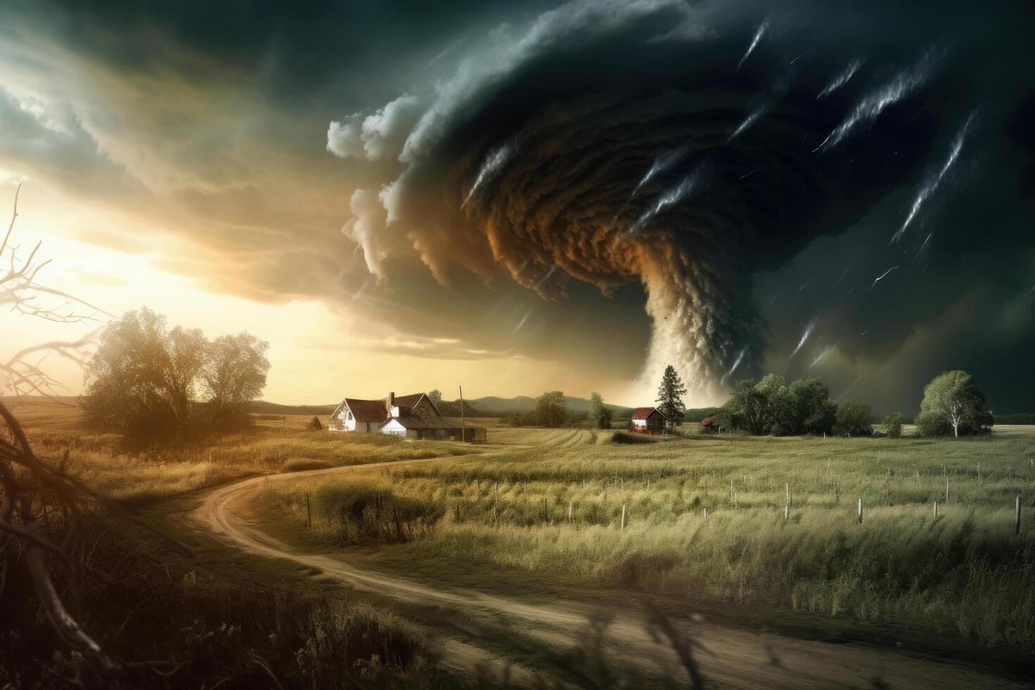 Tornado rages through a field. Illustration photo