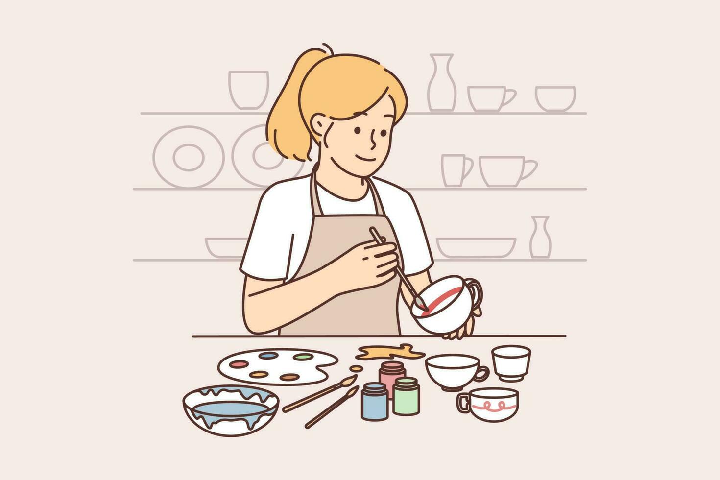 Woman artist draws picture on pottery, wanting to give unique look to handmade products and enjoys creative process. Girl uses brush and paints to decorate handmade plates made by ceramist. vector