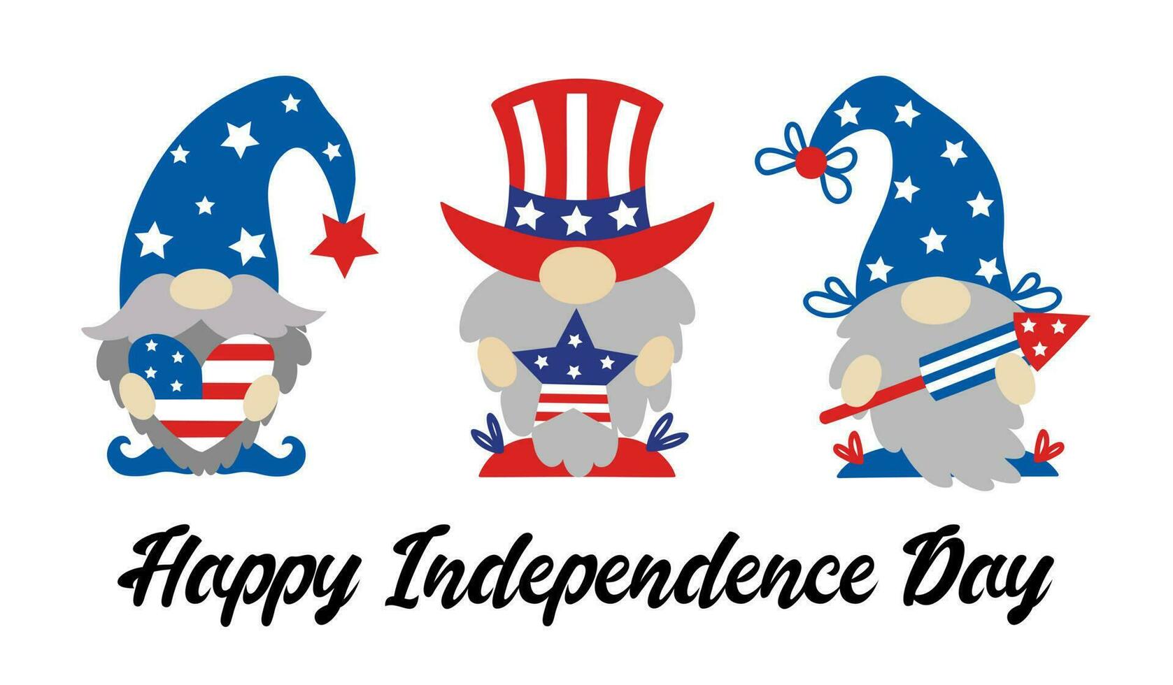 Cute patriotic gnomes by July 4th. American Independence Day. Elves with beards hold a heart, a star, a petard in the colors of the USA flag. A set of dwarves in national hats. Cartoon vector clipart