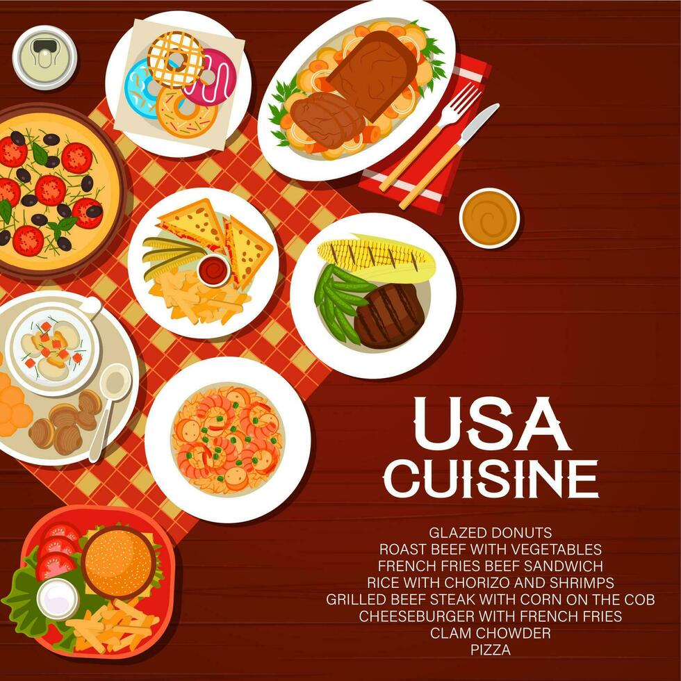 USA food menu cover, American cuisine dishes meals vector