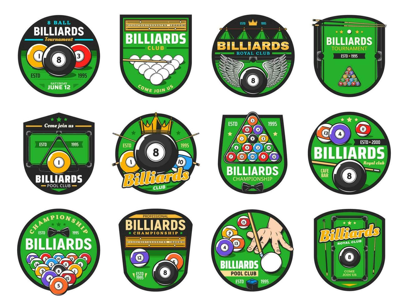 Billiards or pool sport icons, cues, balls, tables vector