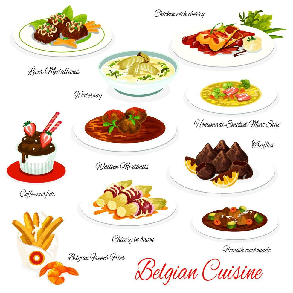 Belgian cuisine vector menu meals, Belgium food