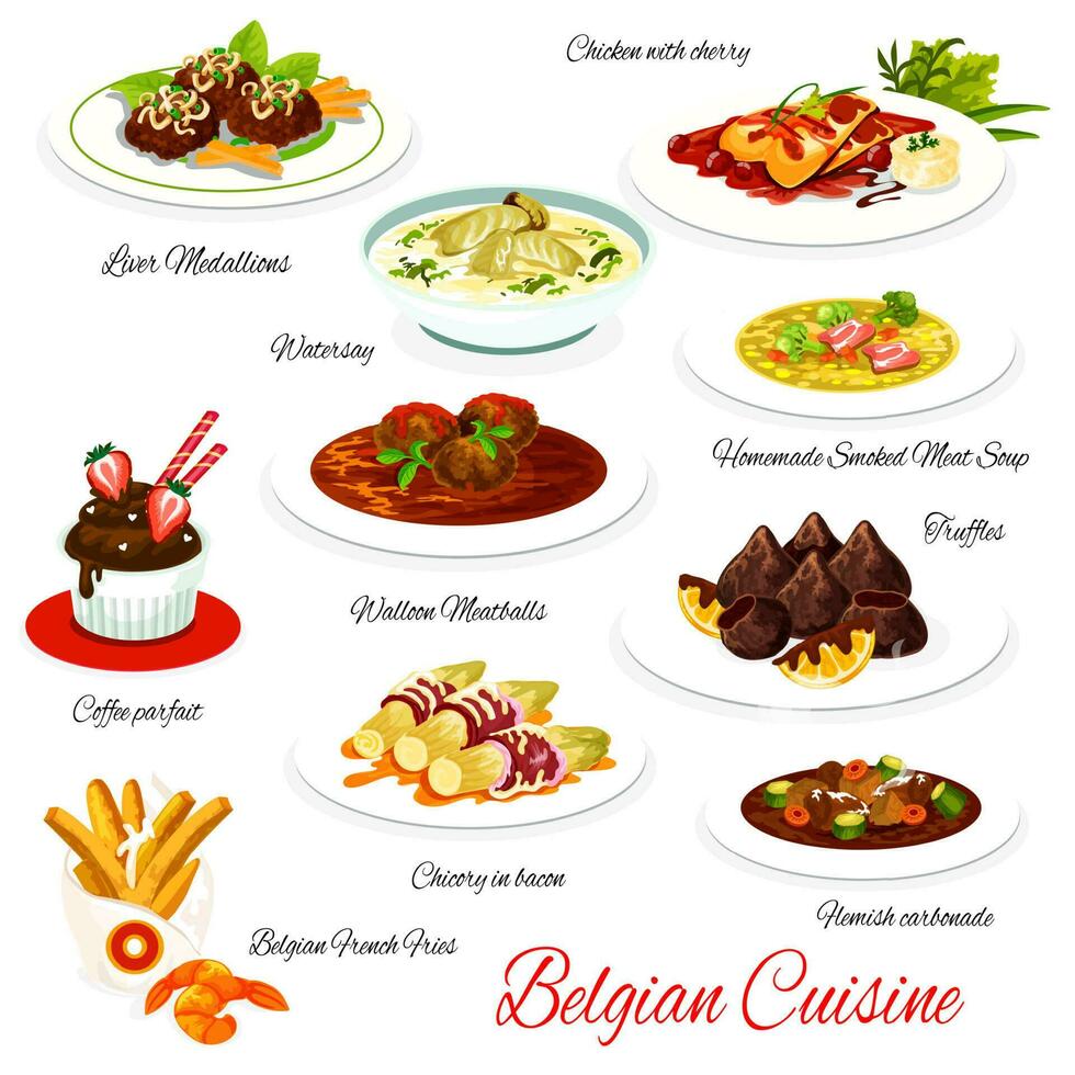 Belga cocina vector menú comidas, Bélgica comida