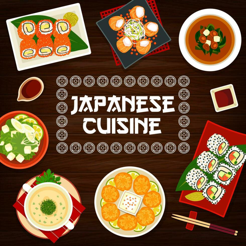 Japan cuisine cartoon vector poster, Japan meals