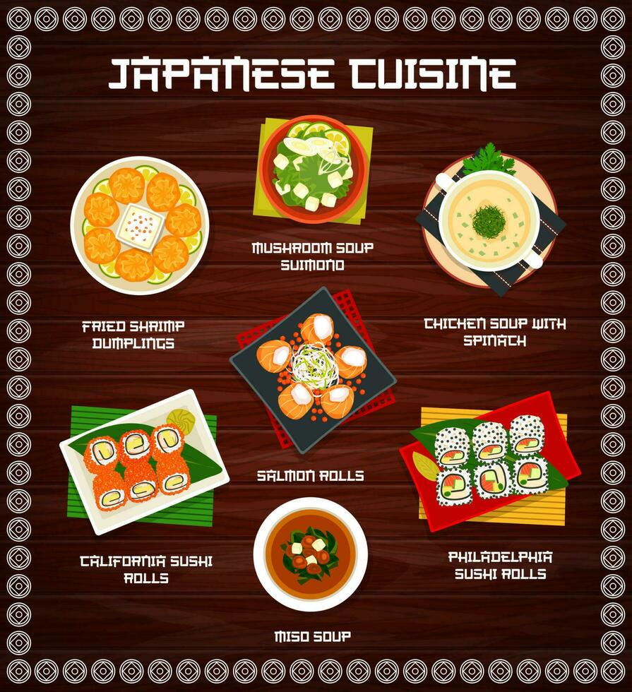 japones cocina dibujos animados vector menú, comidas de Japón