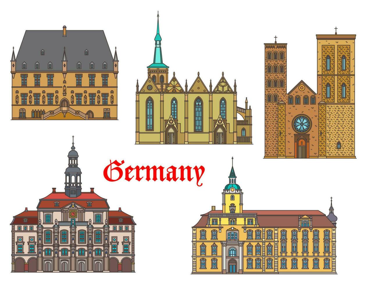 Germany landmarks architecture, houses, cathedrals vector