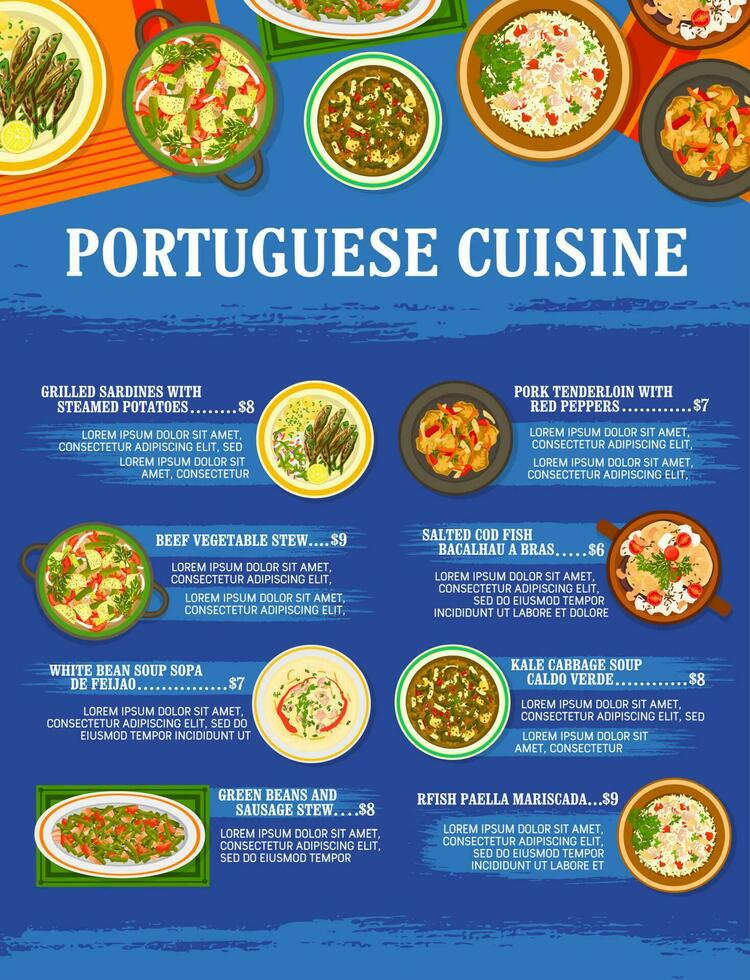 Portuguese cuisine restaurant meals menu template vector