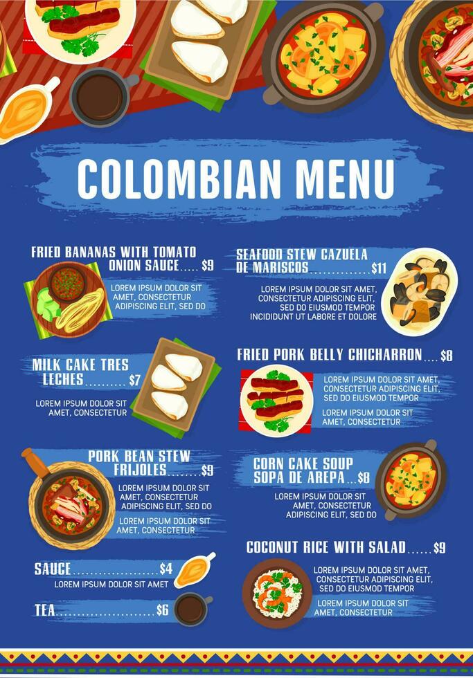 Colombian cuisine vector menu meals of Colombia