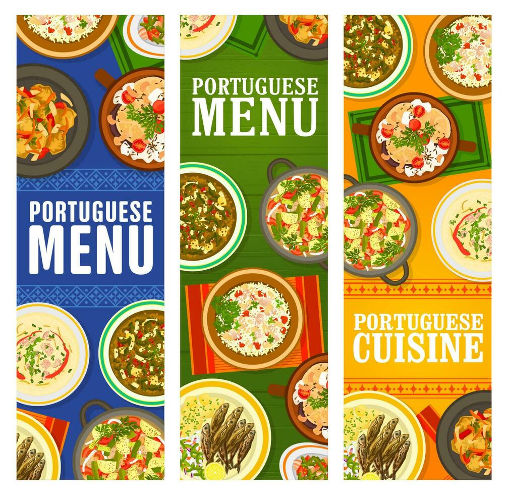 Portuguese cuisine restaurant menu dishes banners vector