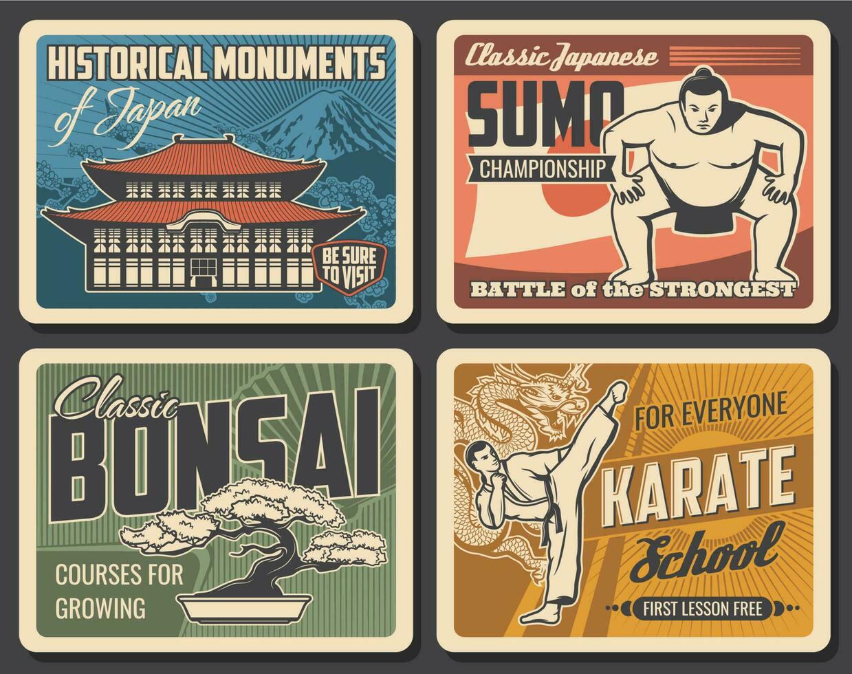 Religion of japan, sumo, bonsai and karate banner vector