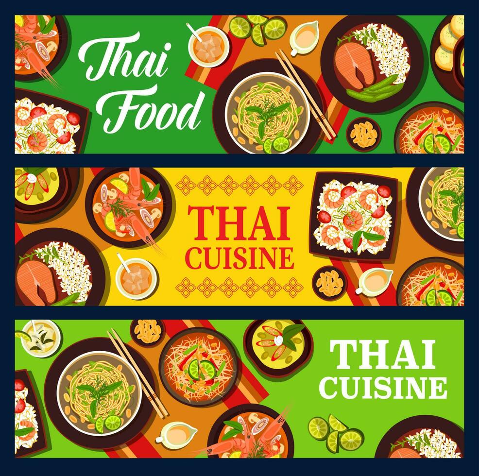 Thai food cuisine, Thailand Asian dishes, banners vector