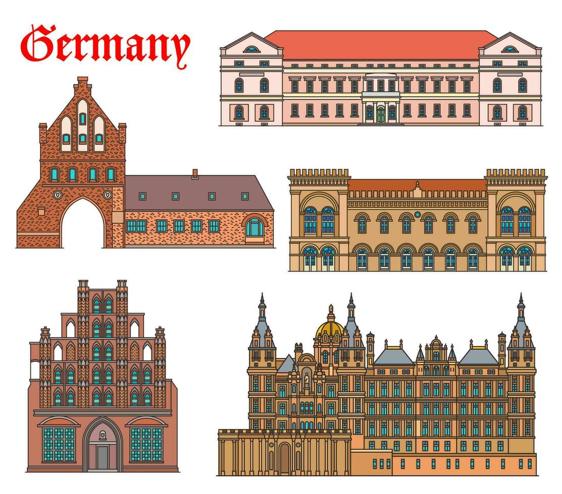 Germany landmarks architecture in Schwerin, Wismar vector