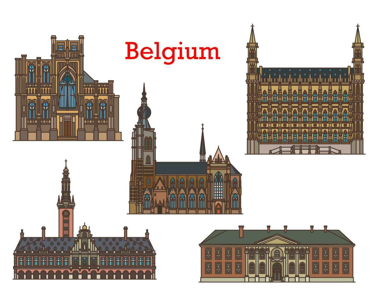 Belgium travel architecture, landmark buildings vector