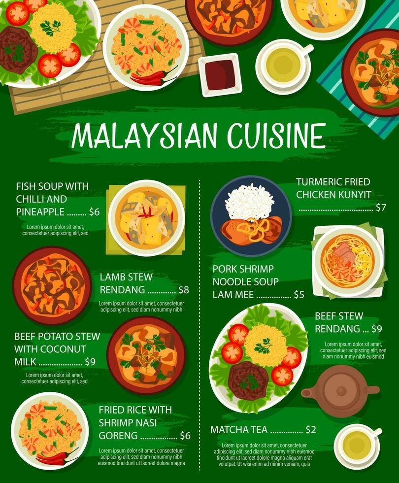 malasio comida menú, Malasia cocina almuerzo póster vector