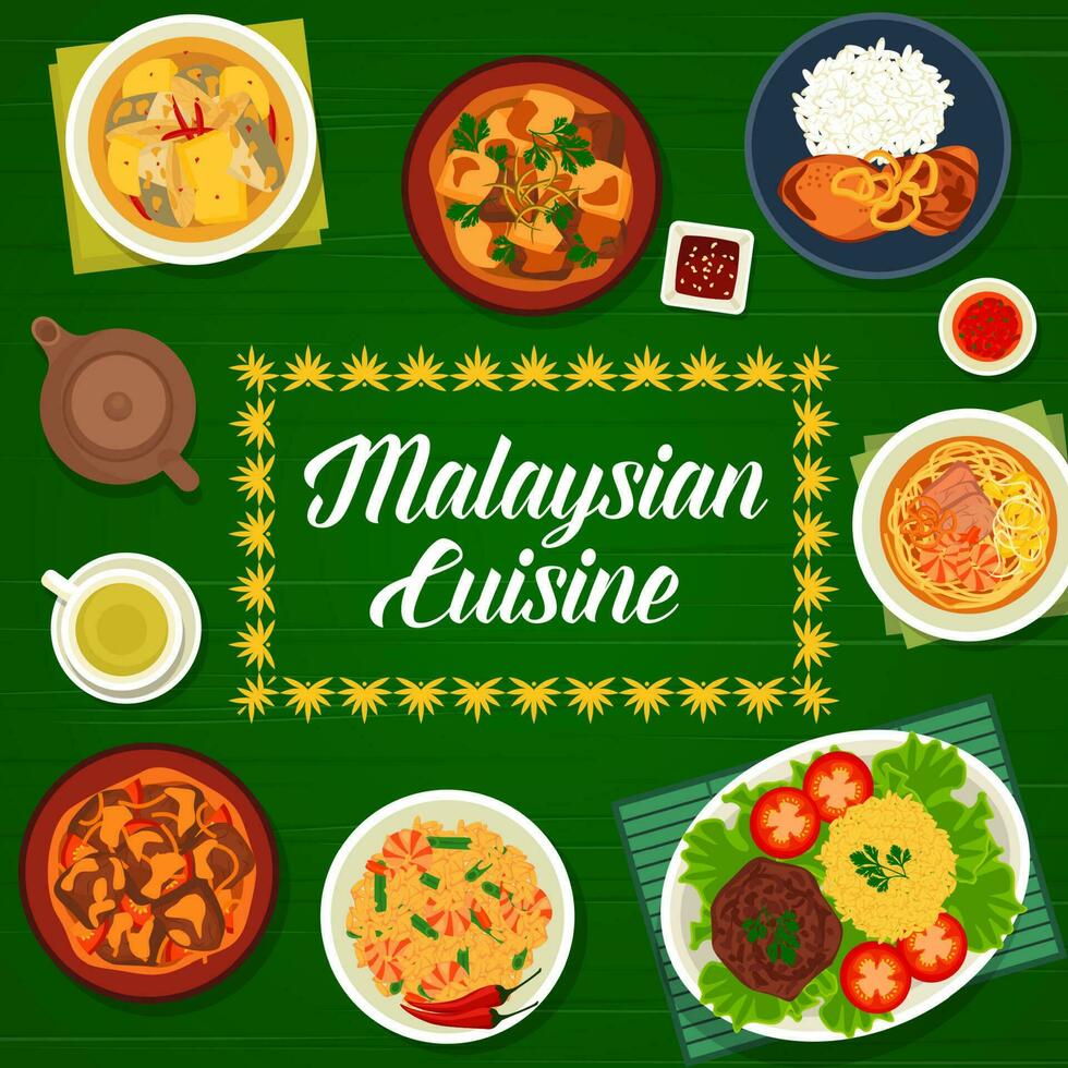 Malaysian cuisine food, dishes lunch menu cover vector