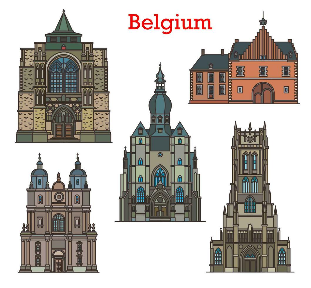 Belgium landmarks, cathedrals and old architecture vector