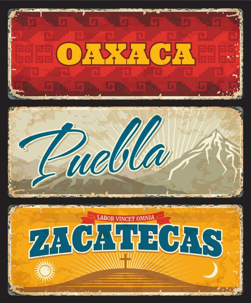 Zacatecas, Oaxaca and Puebla state tin plates vector