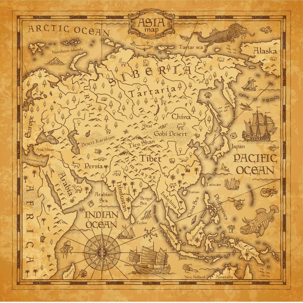 Vintage map of Asia, vector ancient parchment