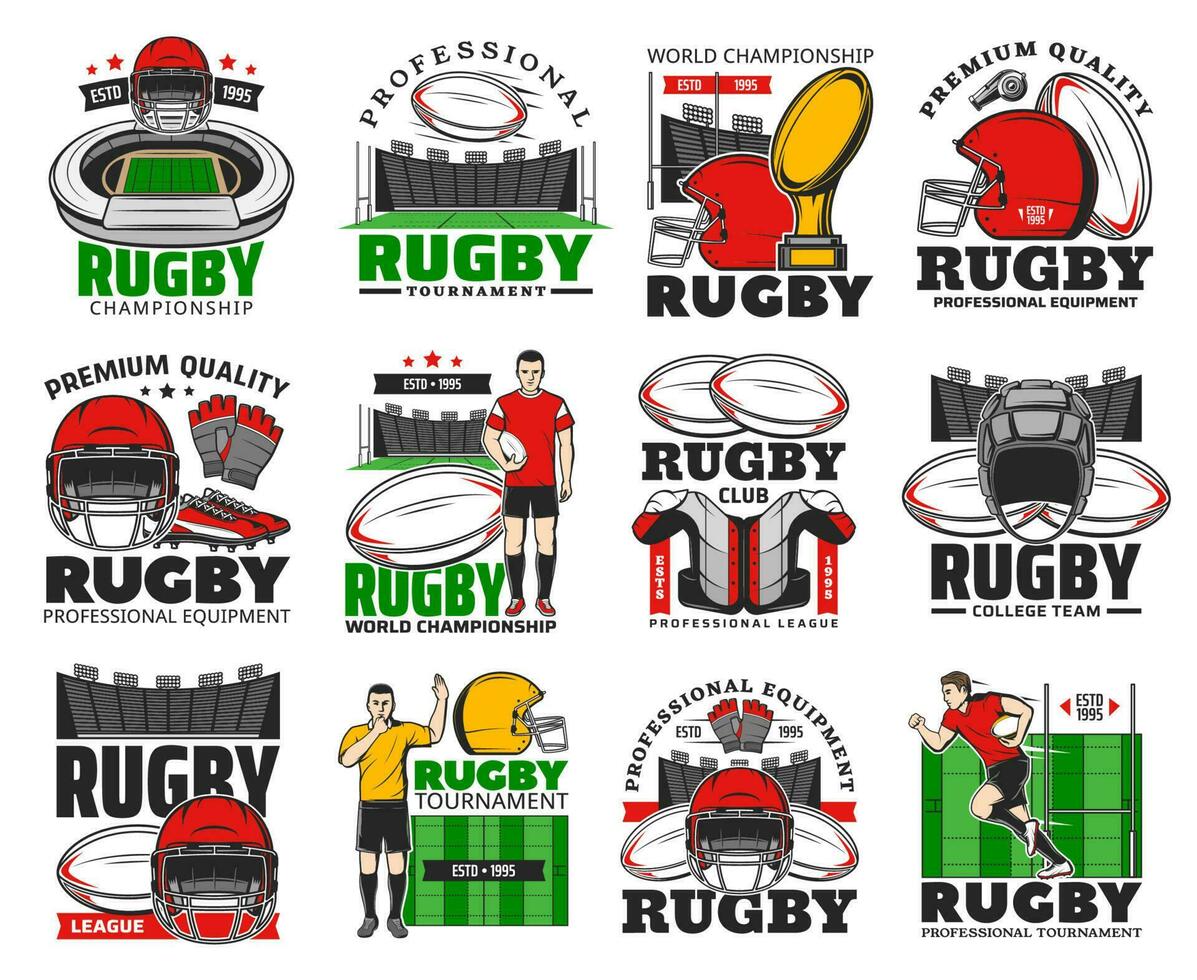 rugby campeonato, equipo y equipo tienda icono vector