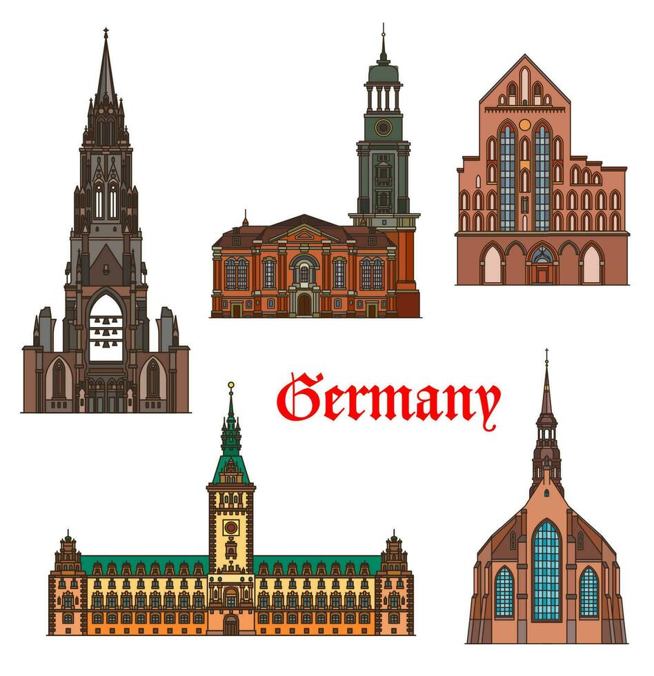 Germany landmarks, Hamburg, Lubeck architecture vector