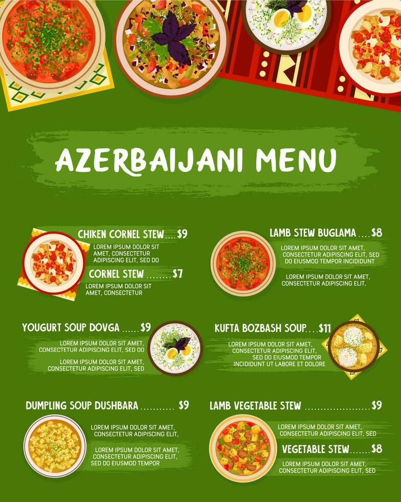 azerbaiyano cocina vector menú plantilla, comidas