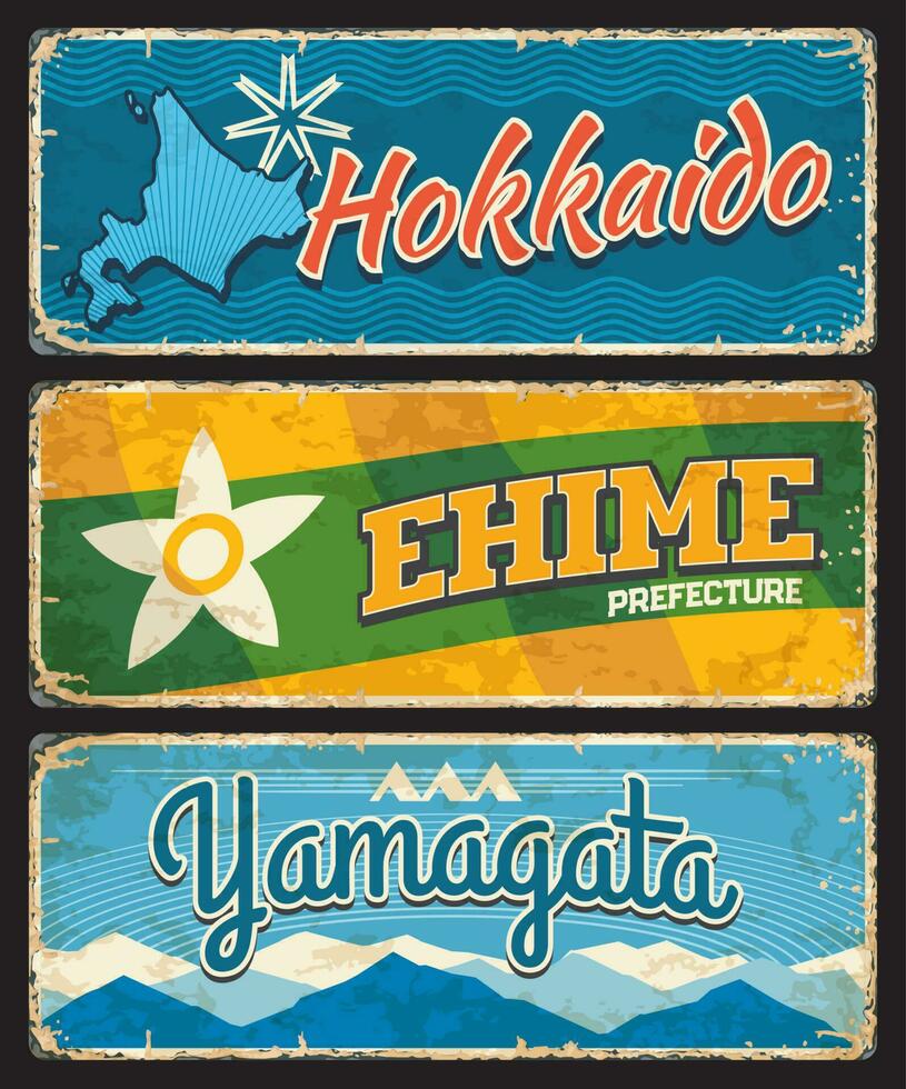 Ehime, Yamagata and Hokkaido prefectures tin signs vector